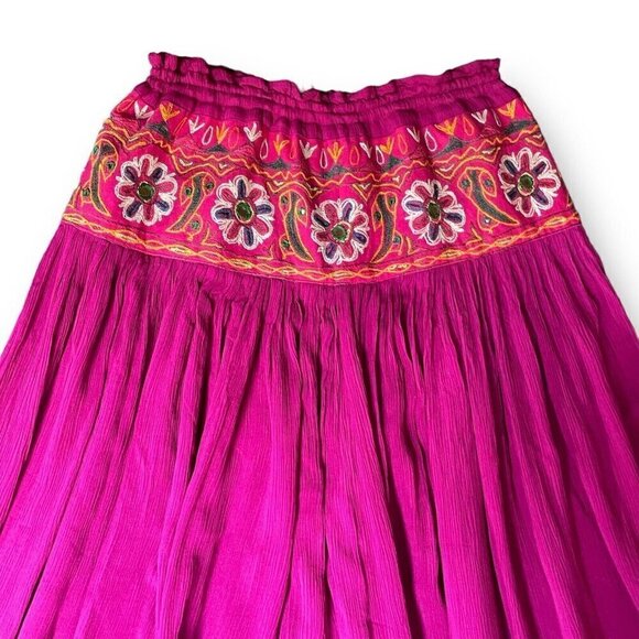 Vintage 90s Passports Womens Skirt Small Pink Crinkle Boho Embroidered Mirrored - Picture 3 of 7